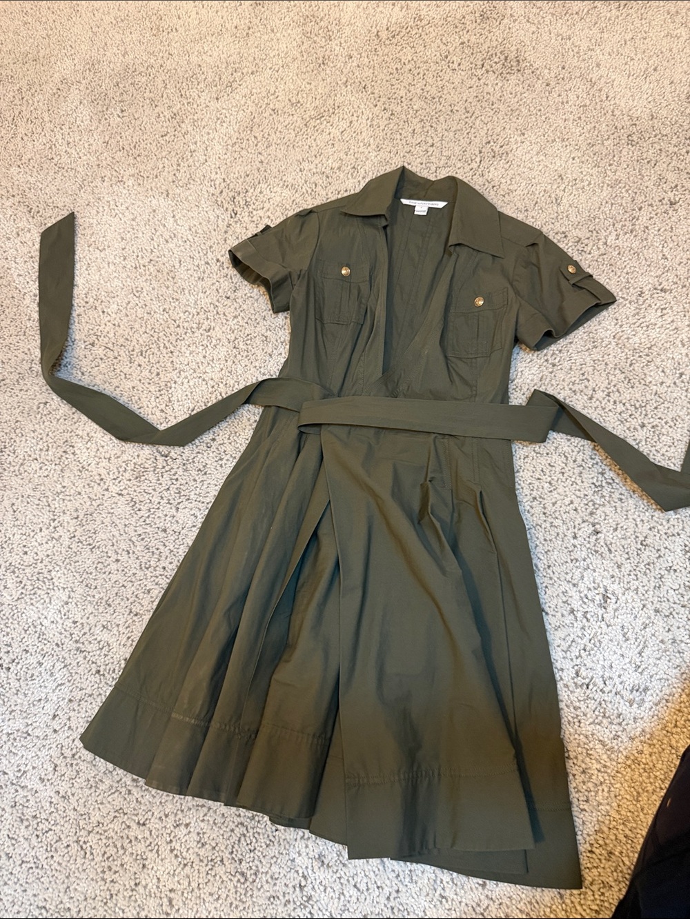 Diane von Furstenberg Utility Shirt Midi Dress with Waist Tie - Olive Green
